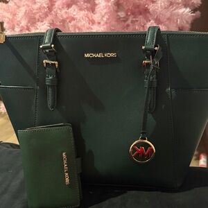 Michael Kors Dark Green Tote and Wallet Set